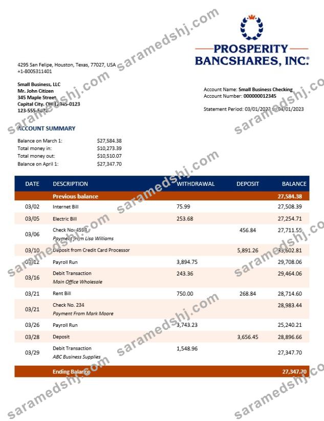 Prosperity Bancshares Inc company checking account statement Word and PDF template